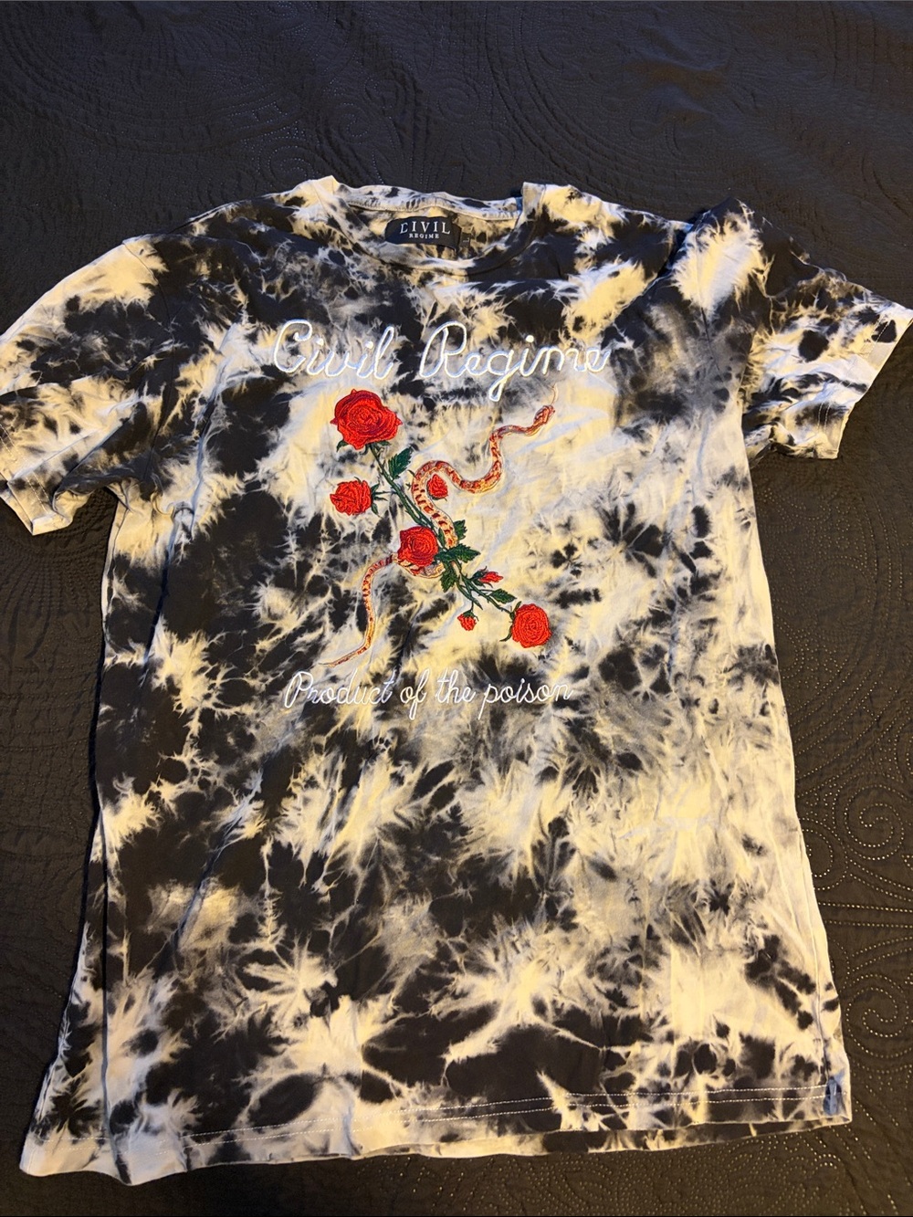 Civil Regime Black & White Tie-Dye Tee with Red Rose embroidered